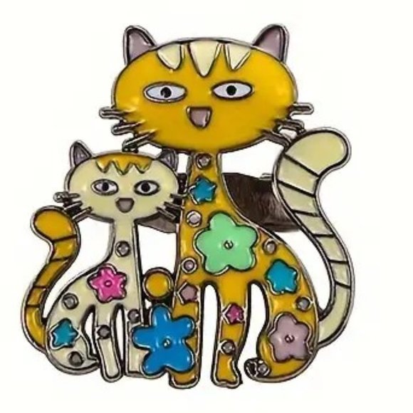 Ct Brooch Enamel Pin Fun Yellow Pin Stylish Kitty Whimsical Flowers Hippie Boho - Picture 1 of 2